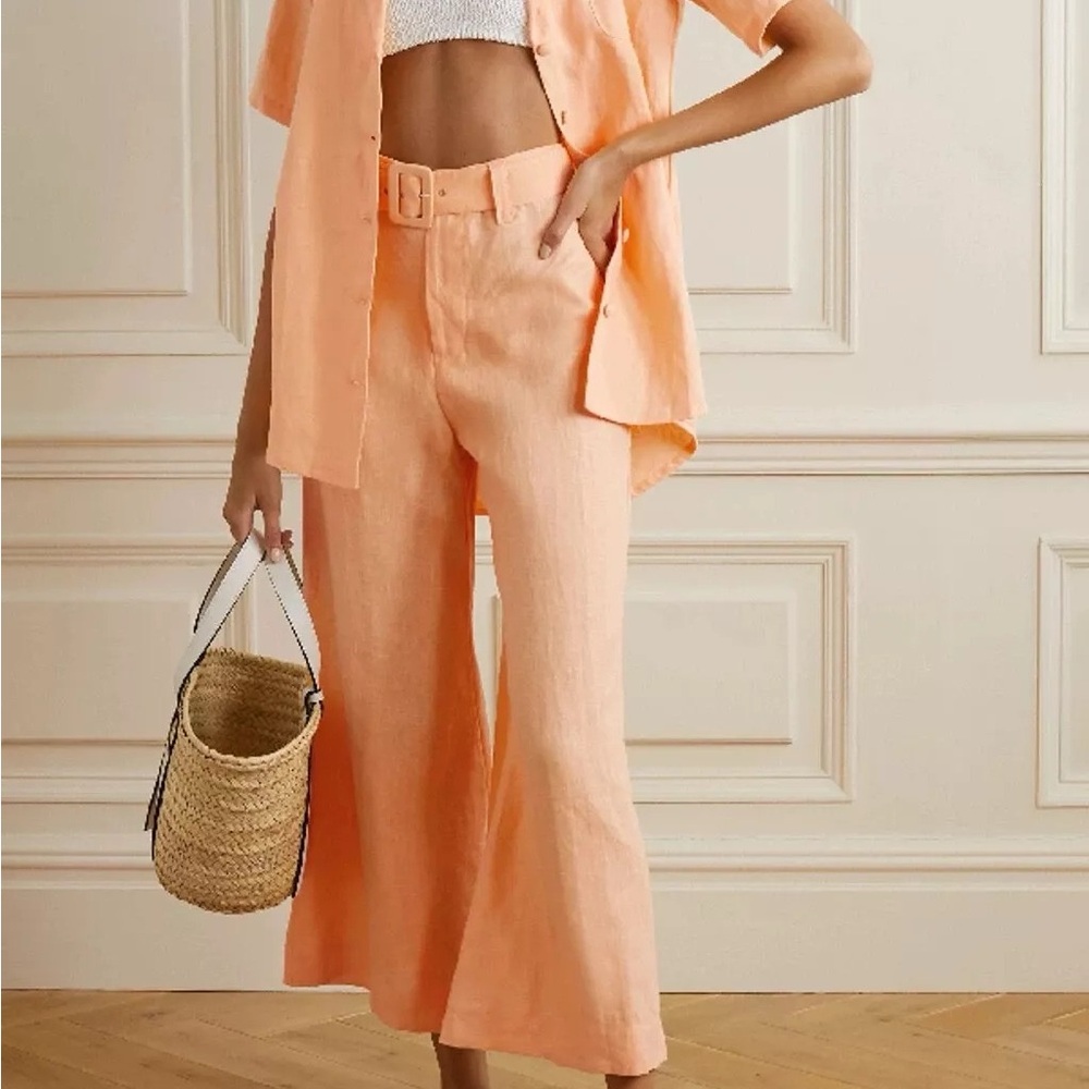Faithful the brand cropped belted linen cropped rise wide leg pants orange US6